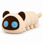 Cream caterpillar cat plush with a brown face and blue eyes on a white background