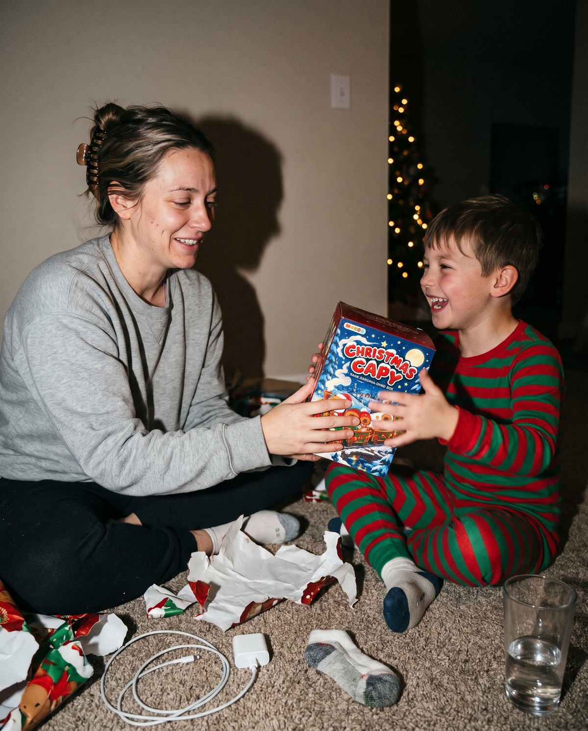 A mother hands a Christmas Capy blind box to her son on Christmas