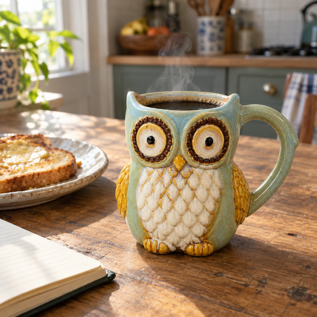 Blue ceramic owl mug of coffee on a wooden kitchen table with toast