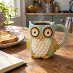 Blue ceramic owl mug of coffee on a wooden kitchen table with toast