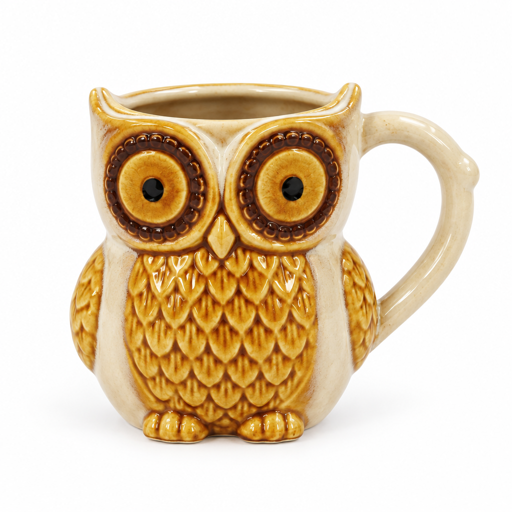 Cream and gold ceramic owl mug on a white background