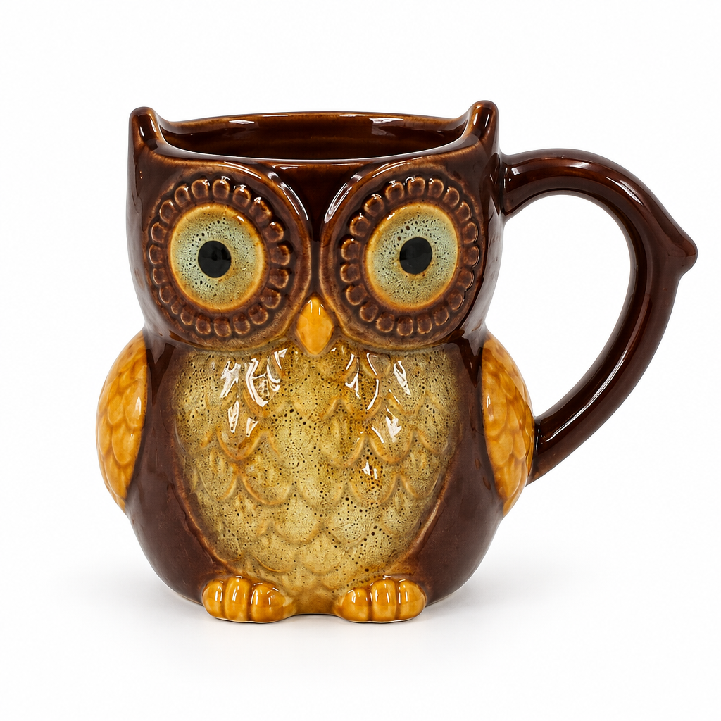 Chocolate brown and amber ceramic owl mug on a white background