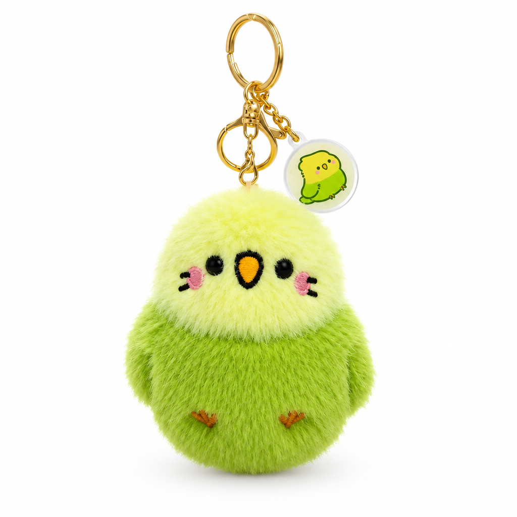 Fluffy green budgie plush keychain with a gold keyring on a white background
