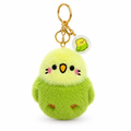 Fluffy green budgie plush keychain with a gold keyring on a white background