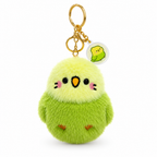 Fluffy green budgie plush keychain with a gold keyring on a white background