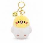 Fluffy white budgie plush keychain with a yellow head on a white background