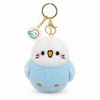 Fluffy sky-blue budgie plush keychain with a white head on a white background