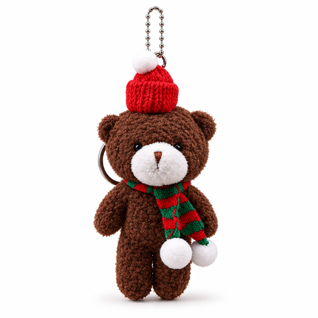 Brown plush bear keychain in a red knit beanie and striped scarf on a white background