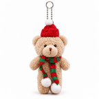 Tan plush bear keychain in a red knit beanie and striped scarf on a white background