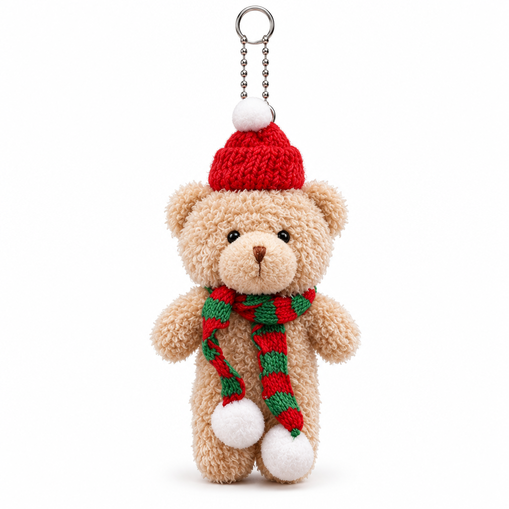 Tan plush bear keychain in a red knit beanie and striped scarf on a white background