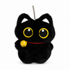 Fluffy black cat keychain with a gold bell on a red collar on a white background