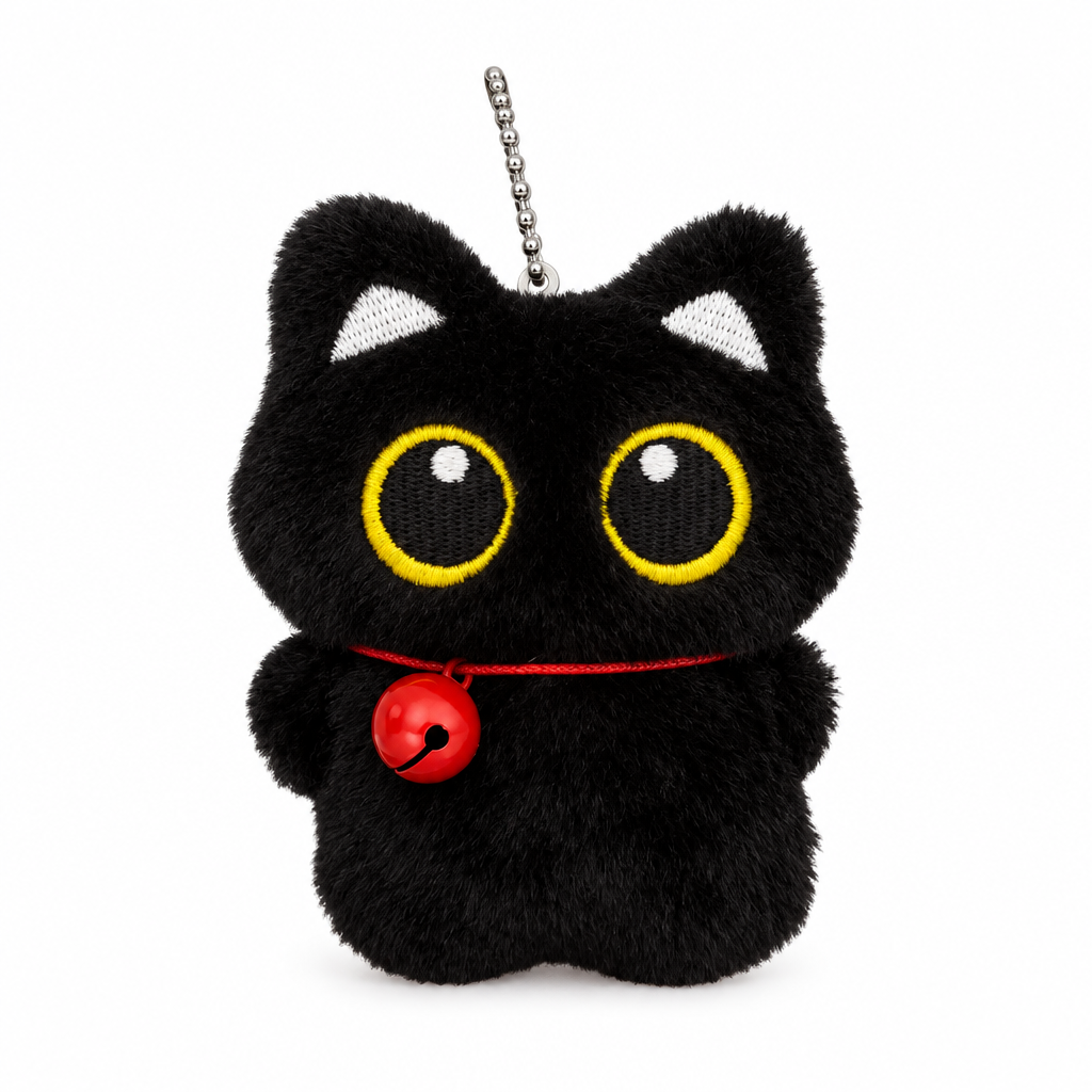 Fluffy black cat keychain with a red bell on a red collar on a white background