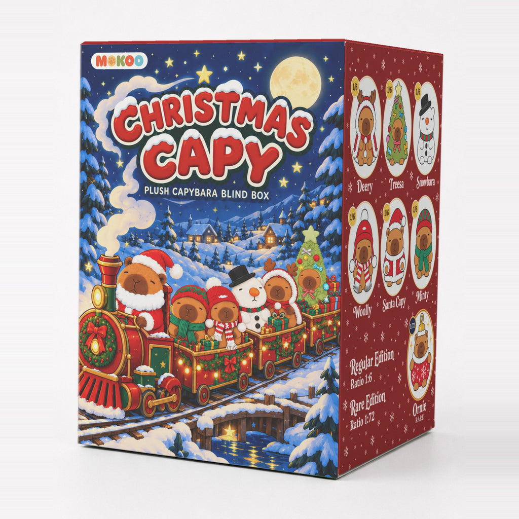 MOKOO Christmas Capy blind box, the Christmas train box with the 7 capybara friends on the side
