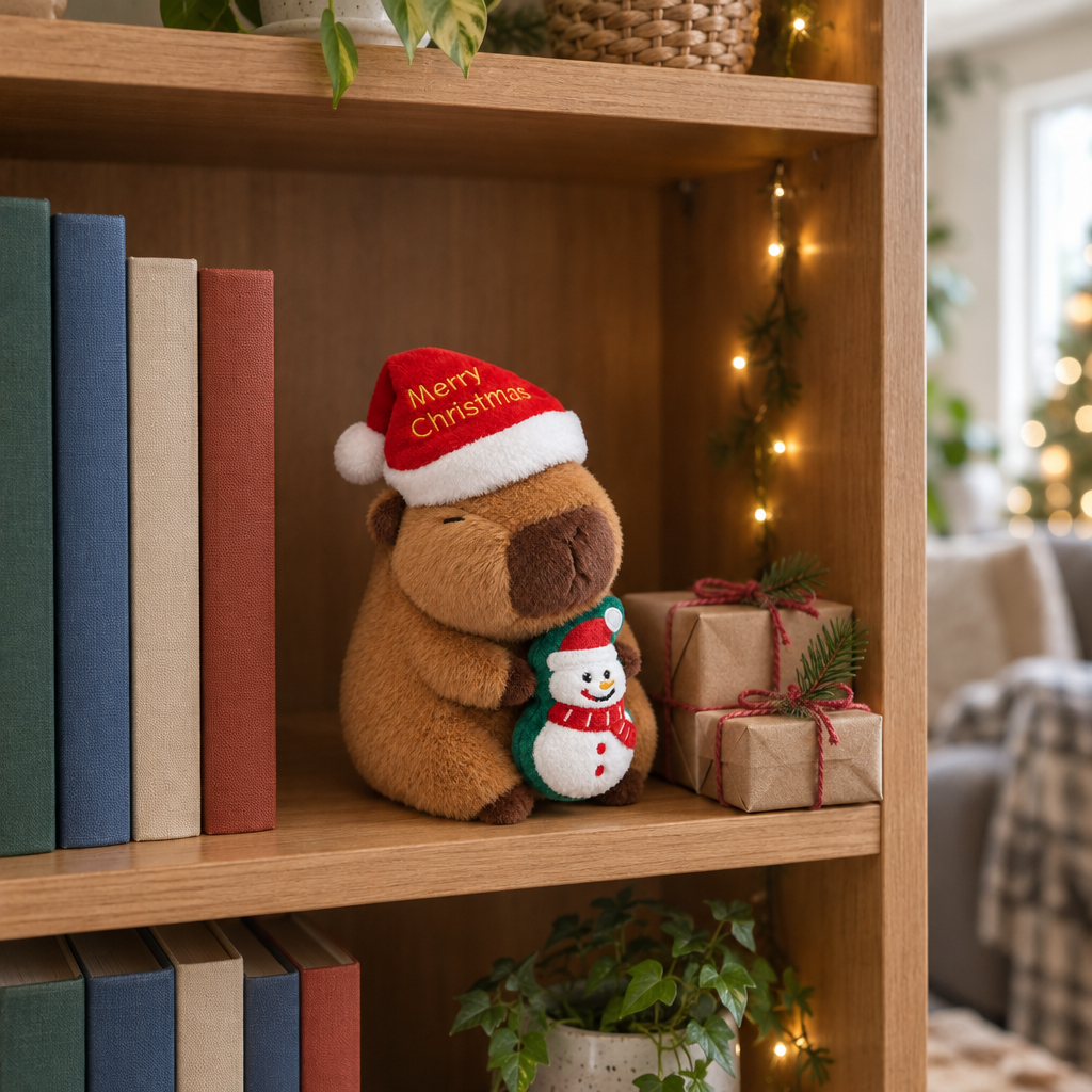 Christmas capybara plush with a snowman on a bookshelf next to wrapped gifts