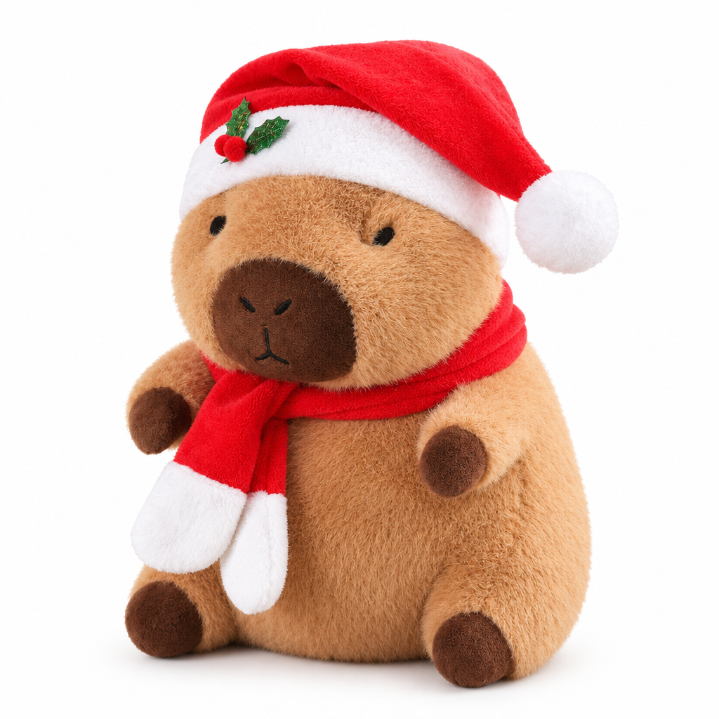 Capybara plush in a Santa hat and red scarf on a white background