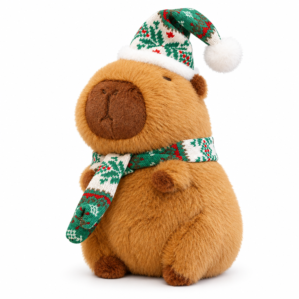 Capybara plush in a green Christmas hat and scarf on a white background