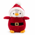 Penguin plush in a red Santa suit on a white background