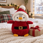 Santa suit penguin plush on a knit blanket next to a small wrapped gift