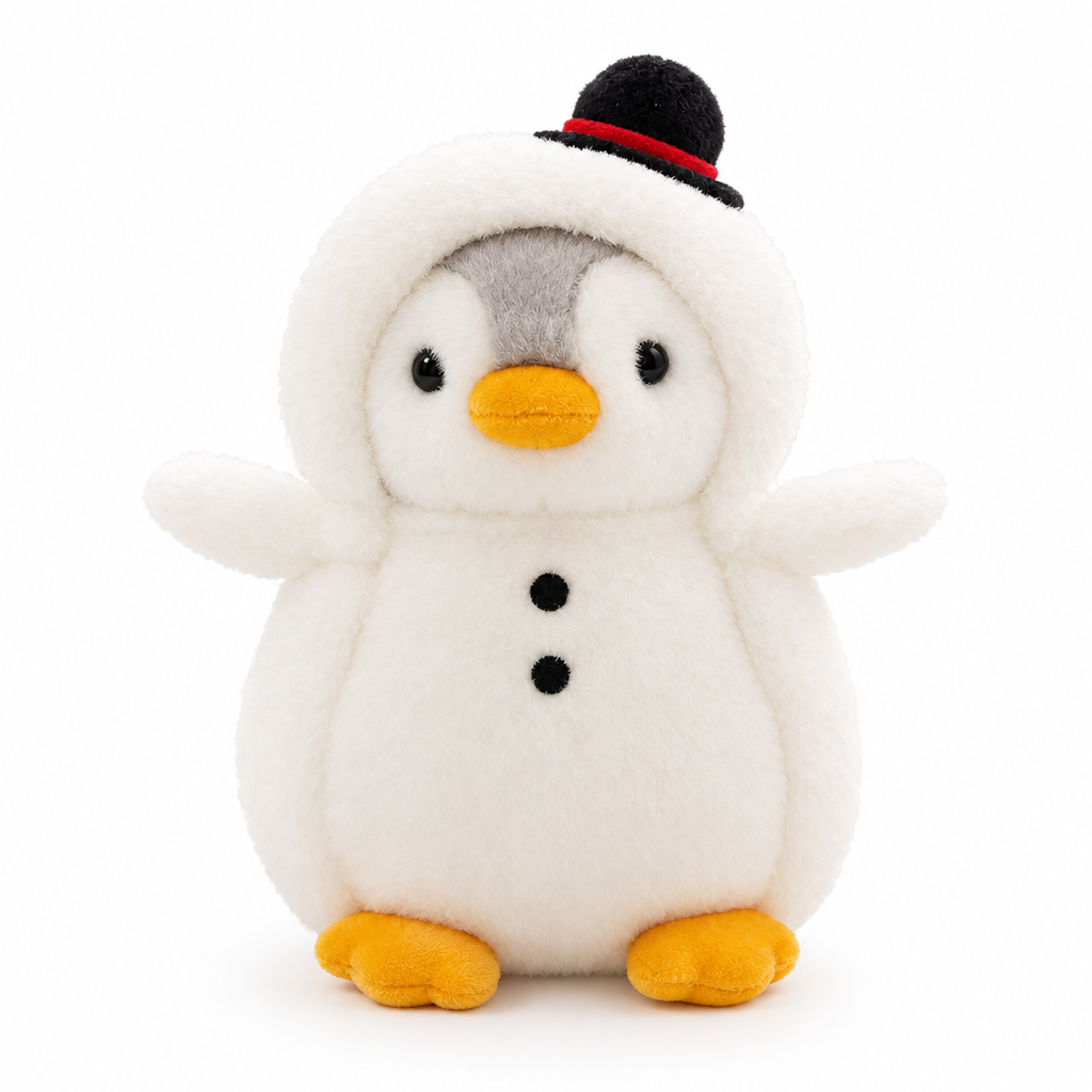 Penguin plush in a white snowman costume with a black top hat on a white background