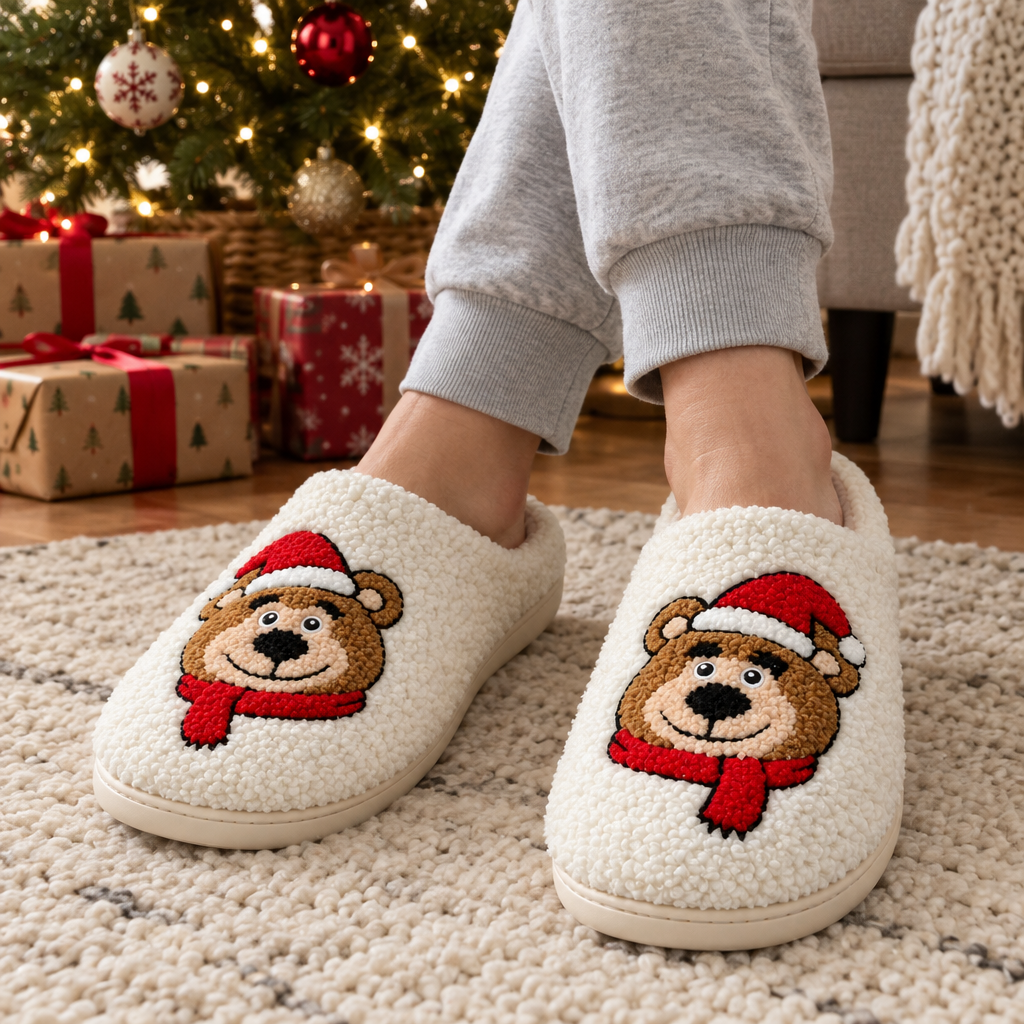 Adult feet in cream Santa bear slippers on a knit rug by a Christmas tree