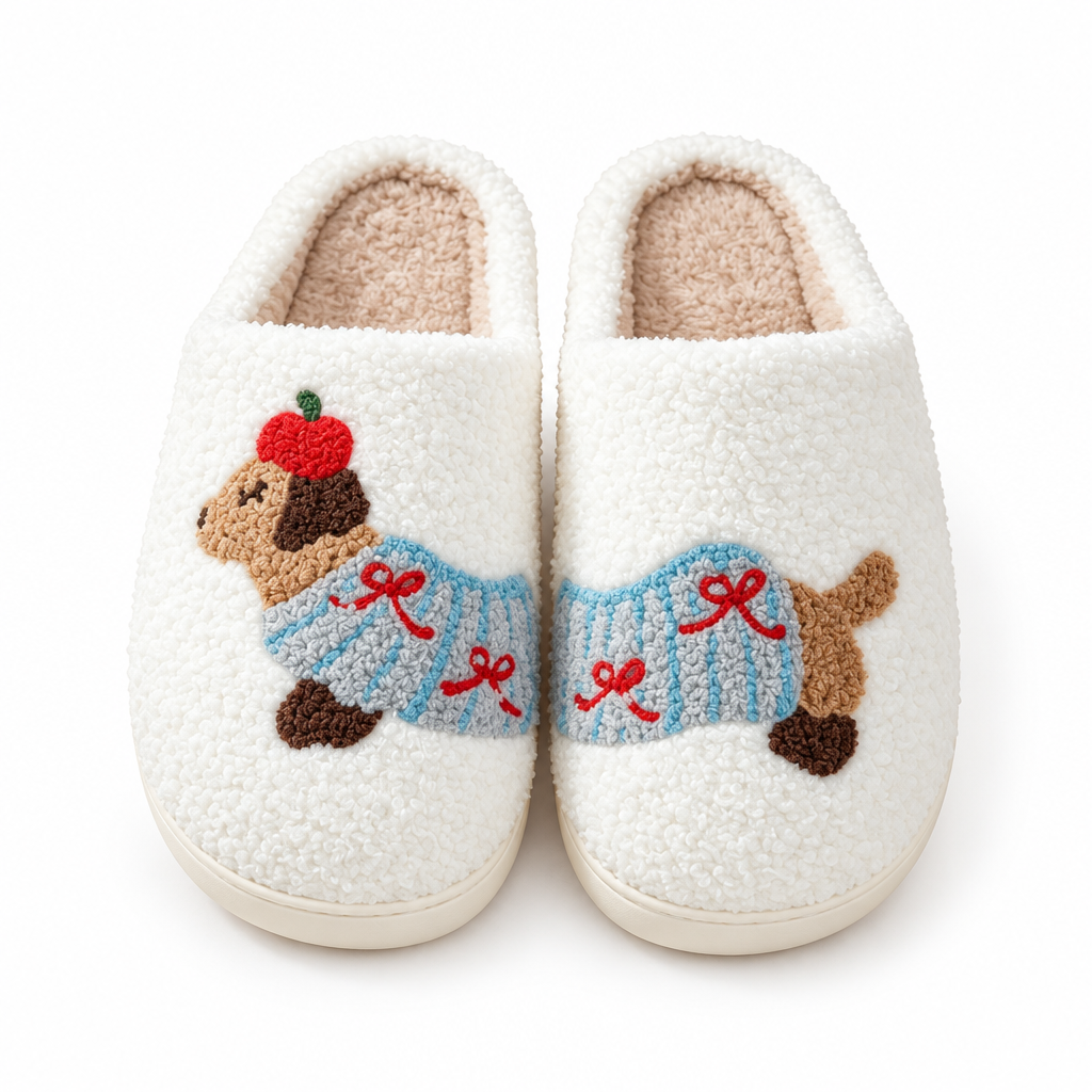 Cream fuzzy slippers with an embroidered dachshund in a blue sweater on a white background