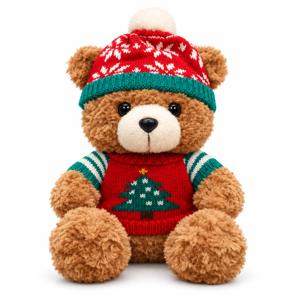 Brown teddy bear in a red Christmas tree sweater and knit beanie on a white background