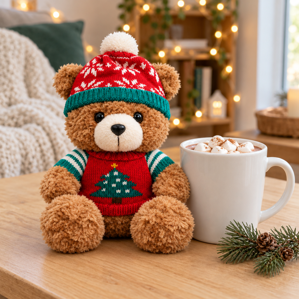 Teddy bear in a red Christmas sweater on a desk beside a mug of hot cocoa