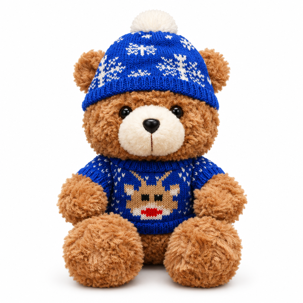 Brown teddy bear in a blue reindeer sweater and a snowflake beanie on a white background