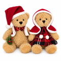 Two teddy bears in a Santa hat and a red hooded cape on a white background