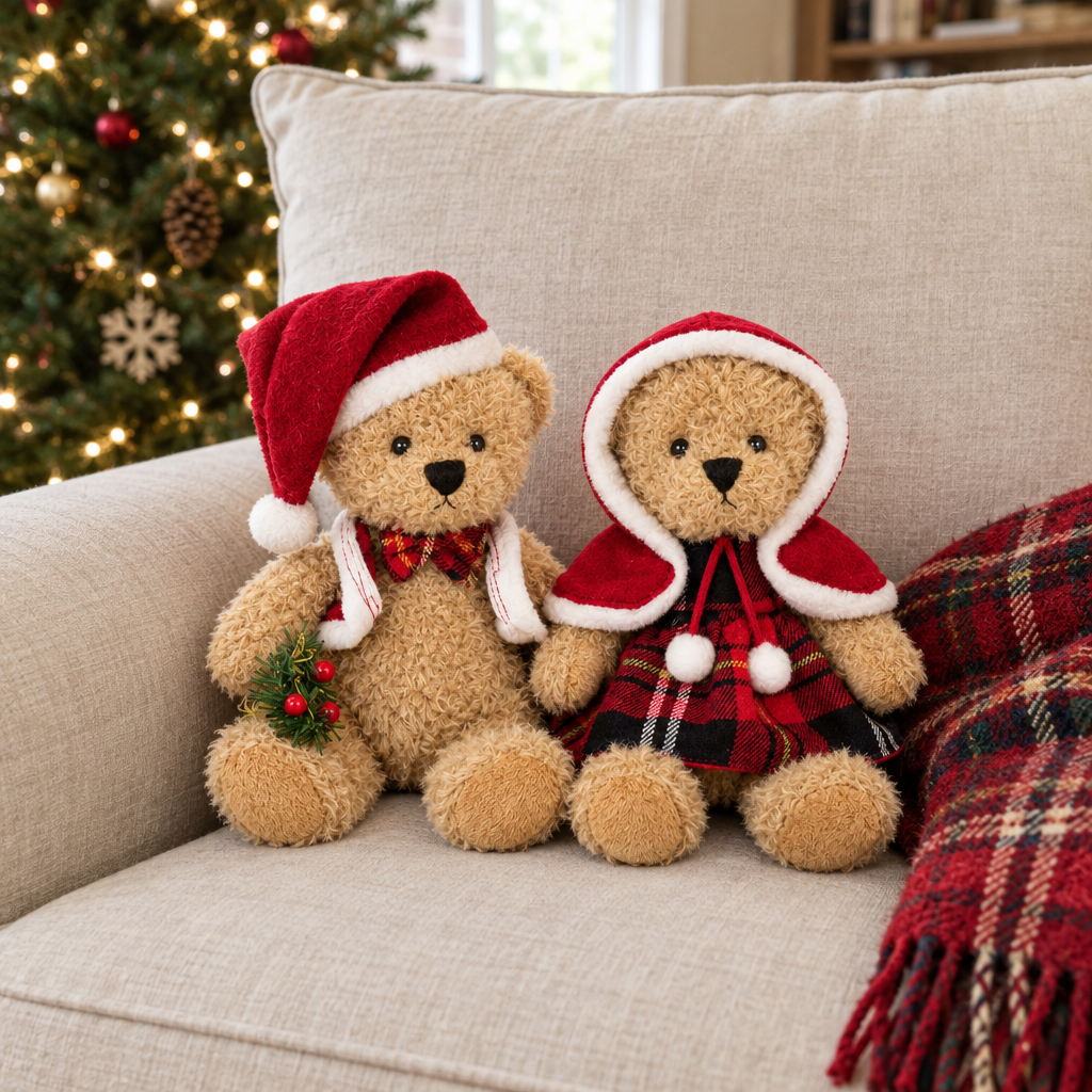 Pair of Christmas teddy bears sitting together on a cream sofa with a plaid throw