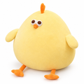 Round butter-yellow chicken plush with skinny orange legs on a white background