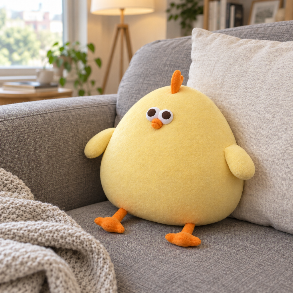 Round yellow chicken plush sitting on a gray sofa next to a cushion