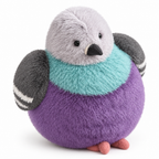 Round violet and lavender-gray chubby pigeon plush on a white background