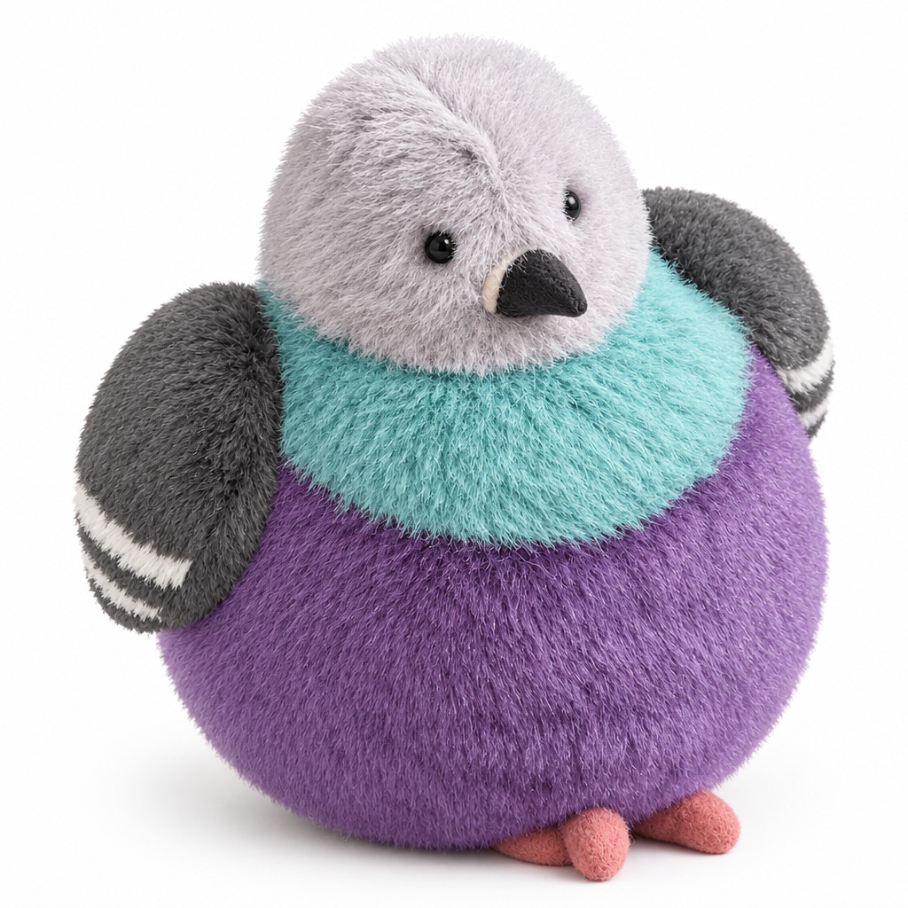 Round violet and lavender-gray chubby pigeon plush on a white background
