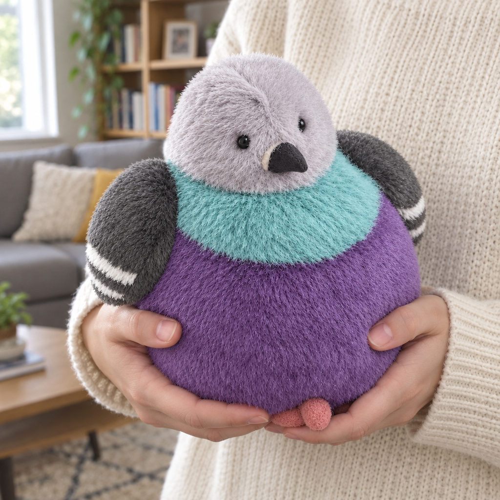 Adult hands holding the round purple chubby pigeon plush