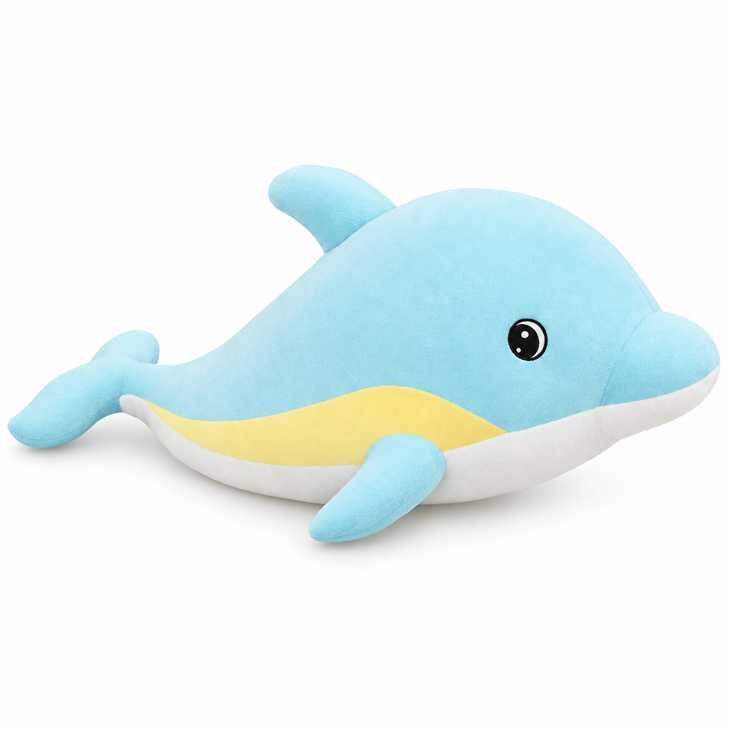 Chubby sky blue dolphin plush with a pale yellow stripe on a white background