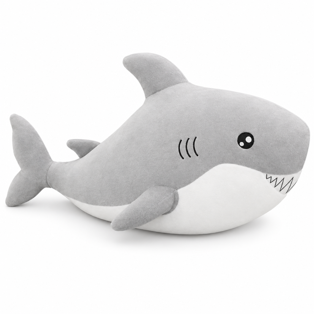 Chubby gray shark plush with soft teeth on a white background