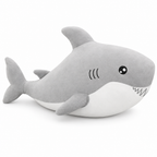 Chubby gray shark plush with soft teeth on a white background