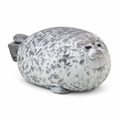 Grumpy gray spotted chubby seal plush on a white background