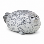 Grumpy gray spotted chubby seal plush on a white background