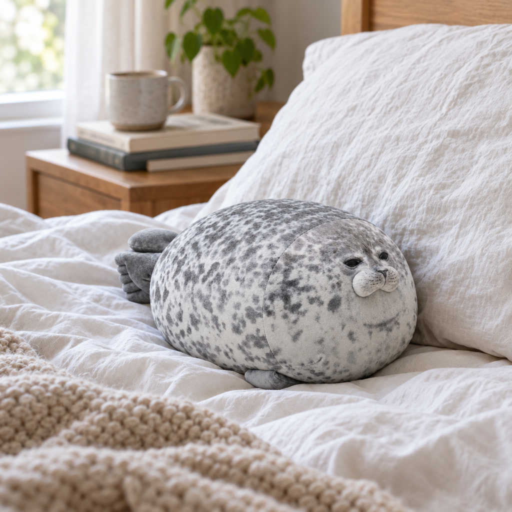 Grumpy spotted seal plush sitting on a made bed against a pillow