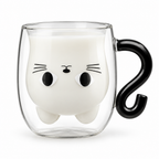 Clear double-wall cat mug filled with milk, with a black cat tail handle, on a white background