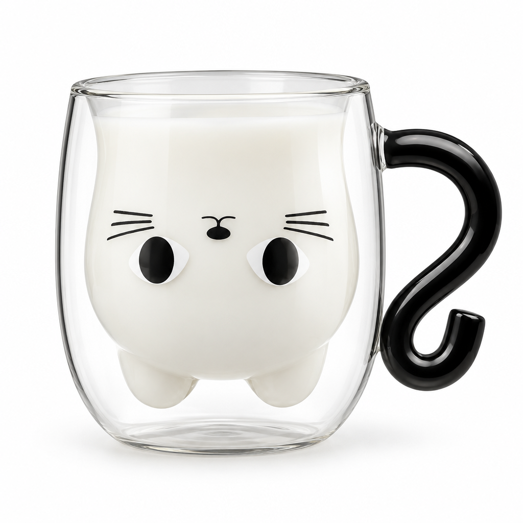 Clear double-wall cat mug filled with milk, with a black cat tail handle, on a white background