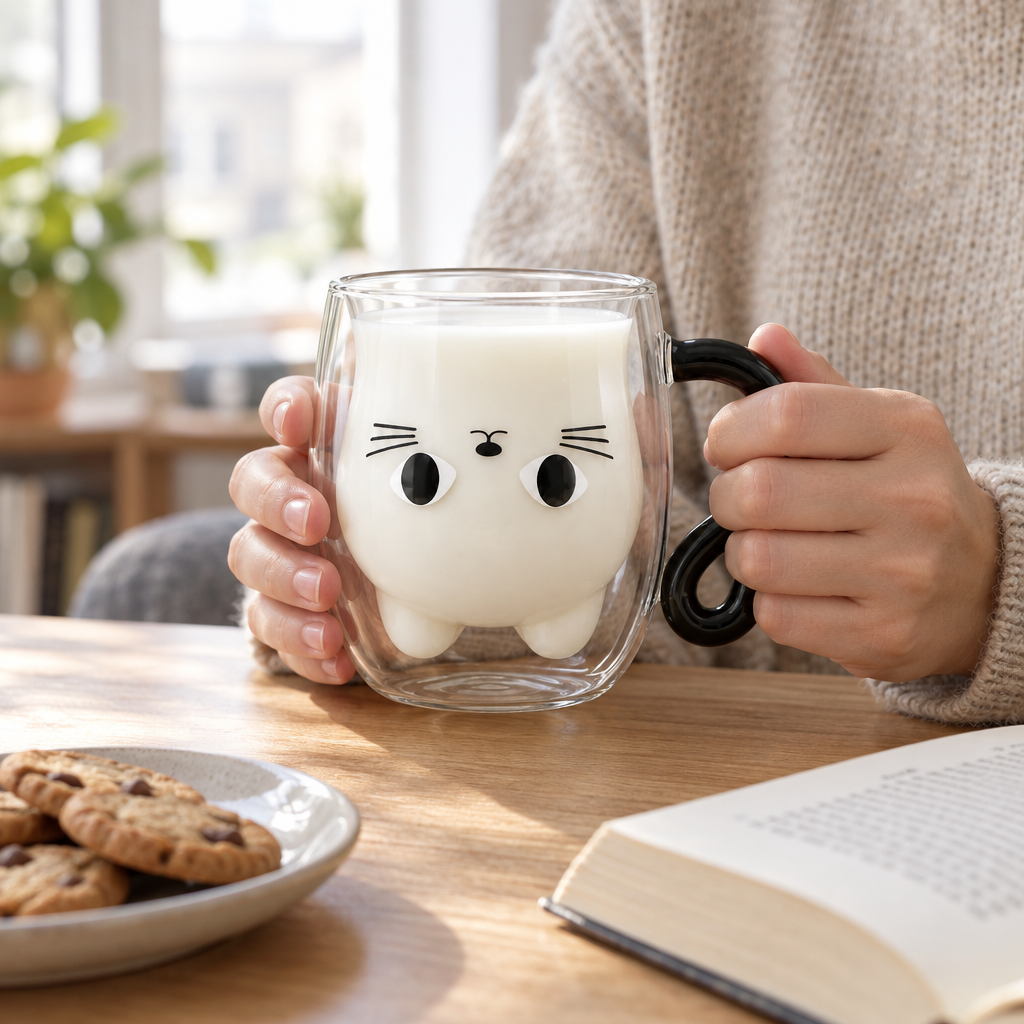 Adult hands holding the clear cat mug filled with milk at a breakfast table