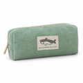 Mint green corduroy pencil case with a shark patch on a white background