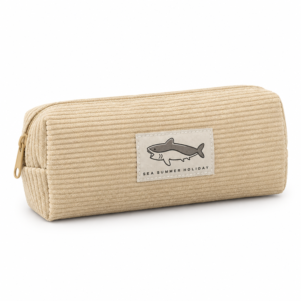 Beige corduroy pencil case with a shark patch on a white background