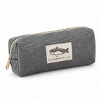 Dark gray corduroy pencil case with a shark patch on a white background