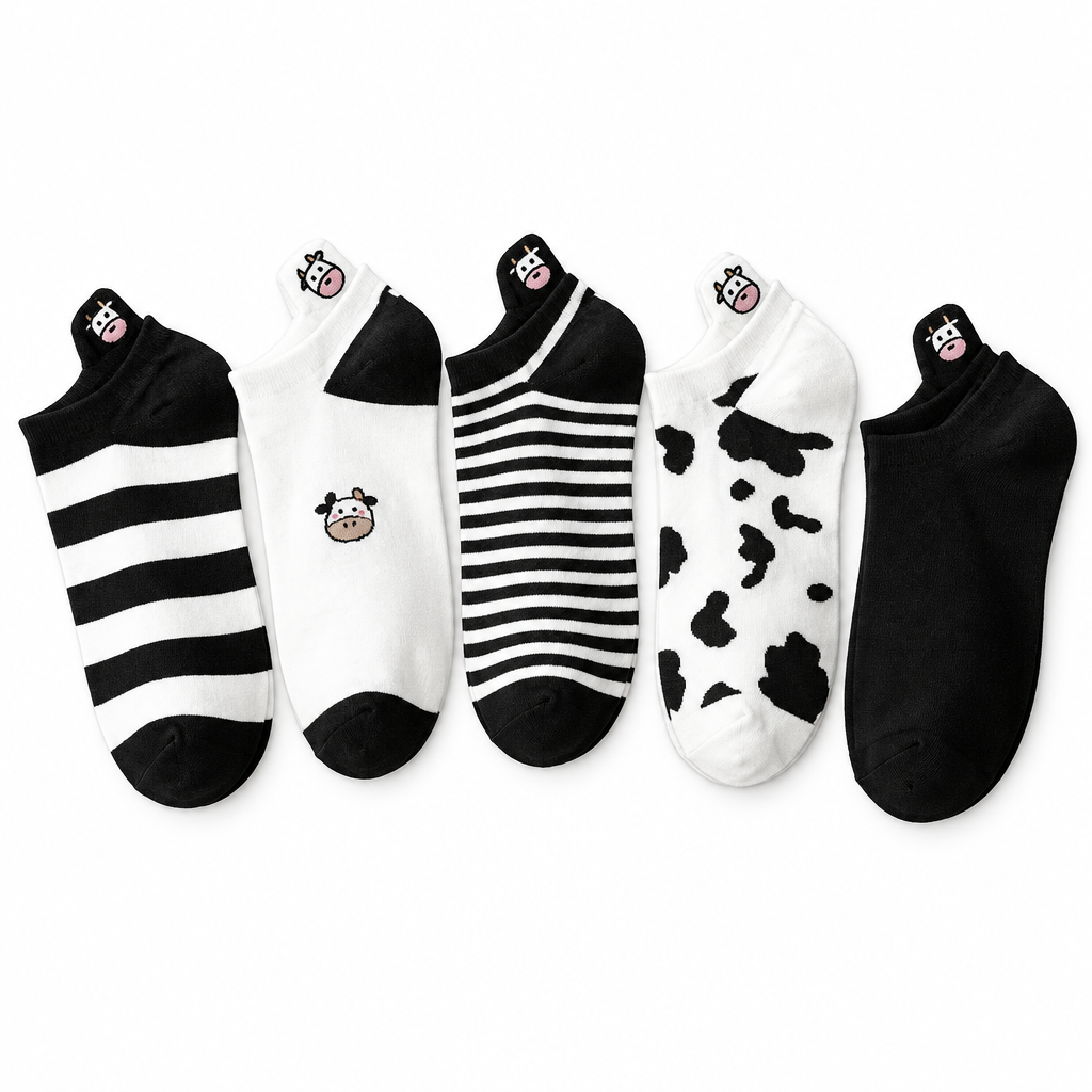 Five pairs of black and white cow ankle socks laid flat on a white background