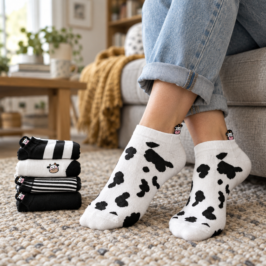 Adult feet in cow-spot ankle socks with the other four pairs folded beside them