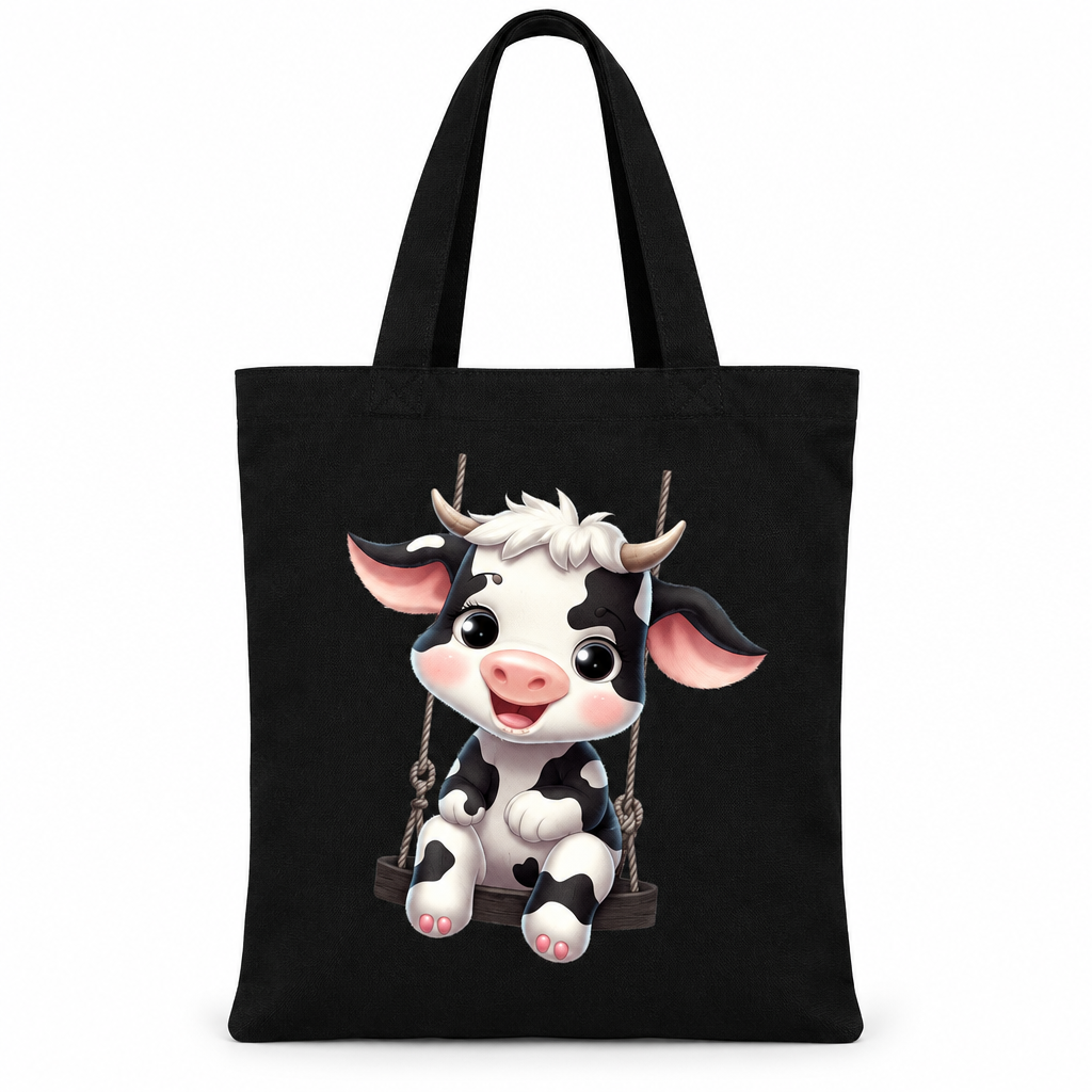 Black canvas tote bag with a cartoon calf on a rope swing on a white background